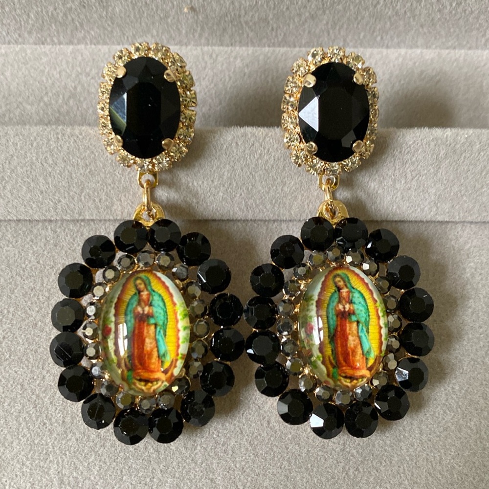 Virgen Mary Rhinestones Oval Drop Earrings